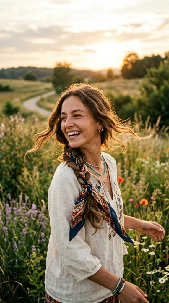 Happy woman walking through a sunny meadow with a navy patterned bandana beautifully woven through her long, loose side braid.