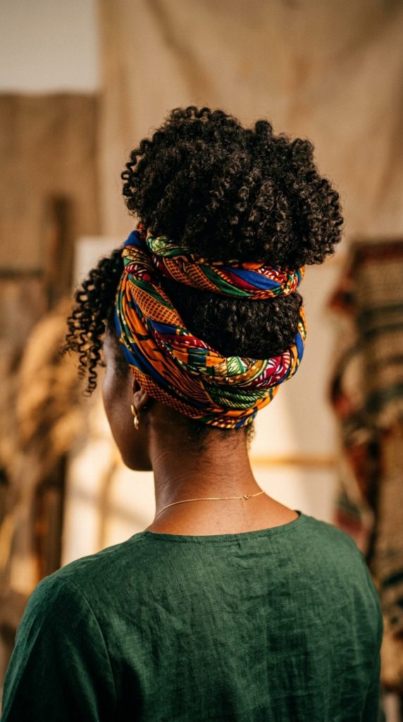 Back view of a woman with natural curls gathered into a high bun, boldly wrapped multiple times with a colorful patterned long tie bandana.