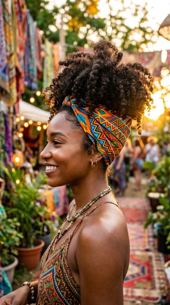 Profile of a smiling woman at an outdoor sunset festival, protecting her natural curls by styling a vibrant geometric print bandana into a high pineapple wrap hairstyle.