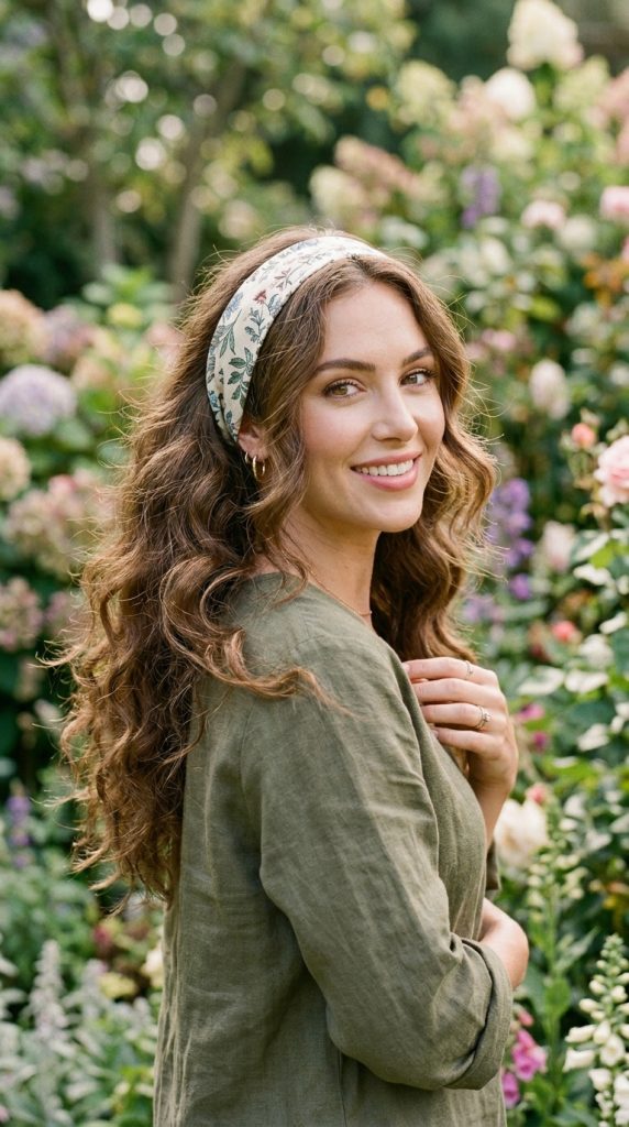 Woman standing in a summer flower garden wearing a light floral bandana as a headband strip, pushed slightly back over her long, loose wavy hair.