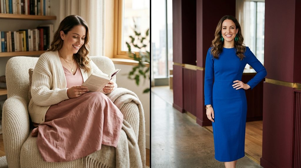 A diptych image demonstrating the impact of color therapy on mood and confidence, as discussed in the PMOS blog. The left side features a woman comfortably dressed in a soft, dusty rose maxi dress, reading in a cozy library, embodying relaxation. The right side shows the same woman exuding professional energy in a bold, bright blue sheath dress in a modern office, embodying confidence. This visual contrast demonstrates how color choices influence how you feel