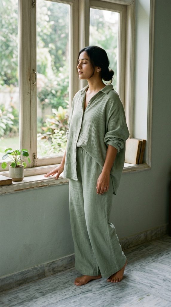 Woman standing by an open window with her eyes closed, wearing a relaxed, breathable sage green linen co-ord set to help calm PMOS-related frustration and inflammation
