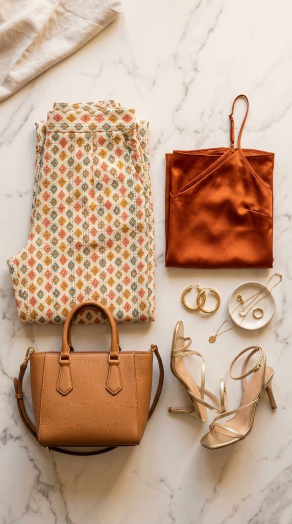 A flat lay clothing arrangement on a marble surface featuring warm-toned geometric patterned trousers, a copper silk camisole top, a tan leather handbag, gold strappy heeled sandals, and delicate gold jewelry.