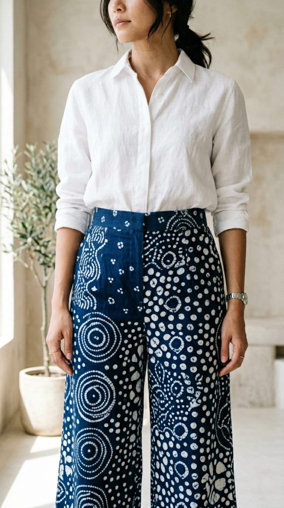 A woman wearing a crisp white long-sleeve button-down shirt tucked into high-waisted, wide-leg navy blue trousers with a white circular tie-dye or batik pattern.