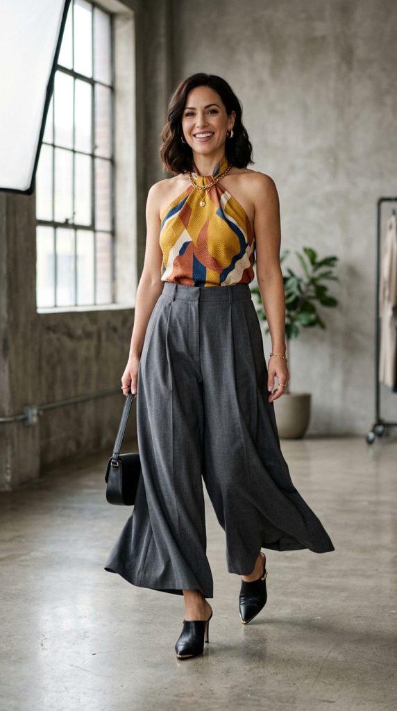 Woman walking indoors wearing elevated charcoal grey wide-leg trousers paired with a geometric print halter top and black mules.